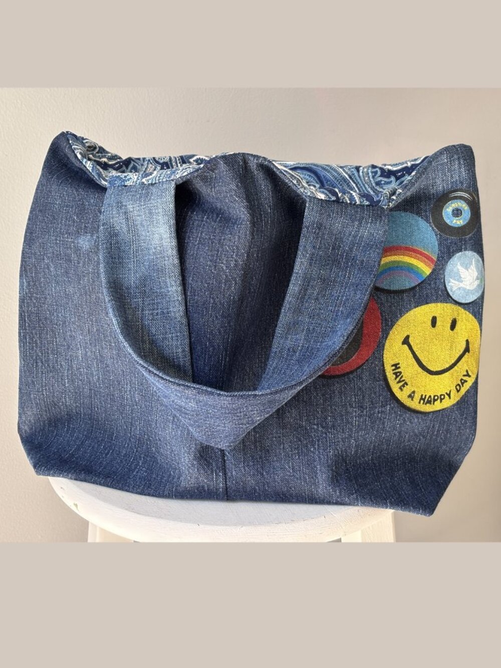 Denim Tote Bag Upcycled Painted Faux Pins Buttons Paisley